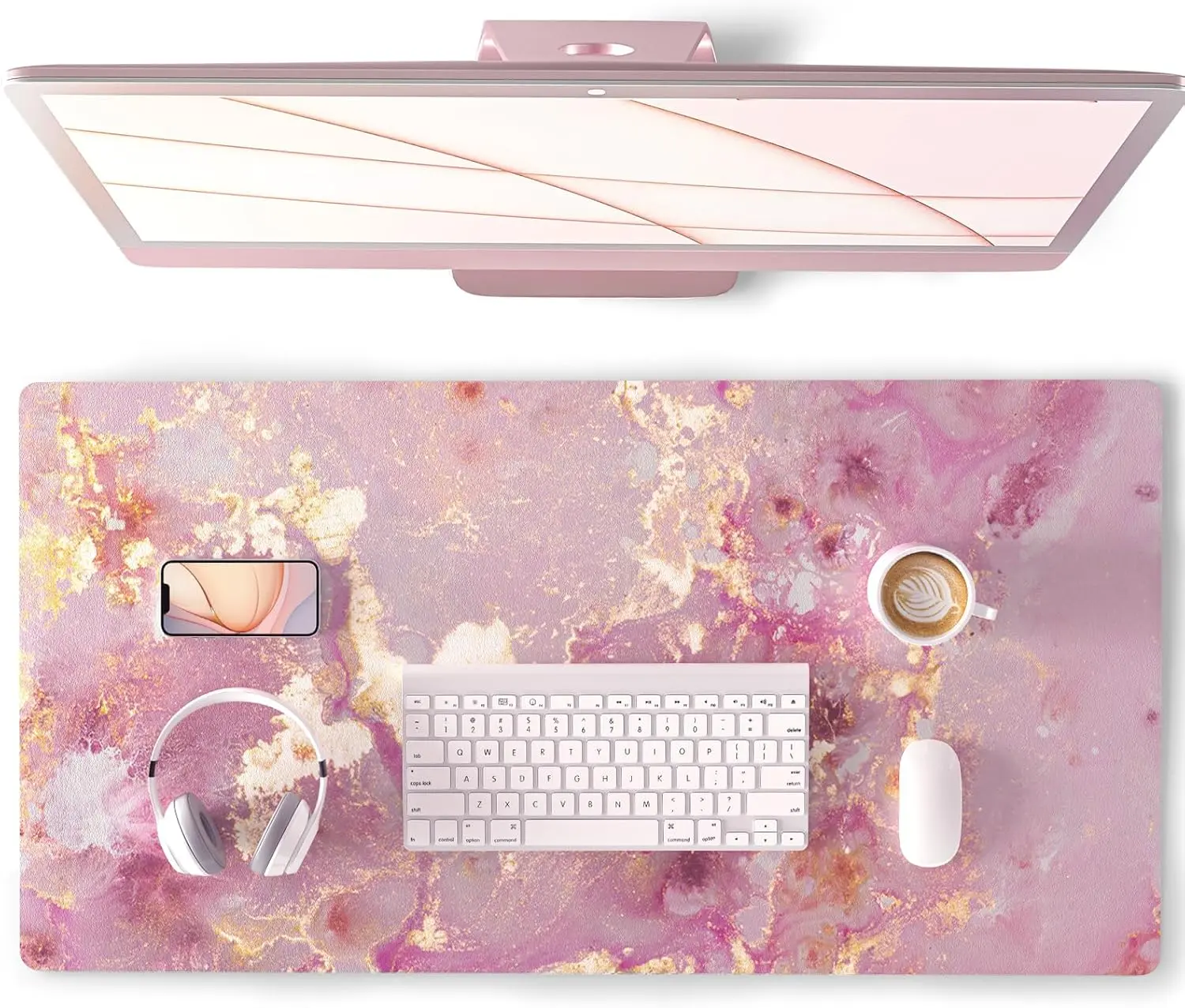 Extended Aesthetic PU Leather Desk Mat - Large Blush Pink Modern Gaming Desk Accessory, Extended Gaming Mouse Pad with Durable Stitched Edges, Waterproof Protector for Accurate Mouse Tracking (Home Office Use), Aesthetic Desk Accessories