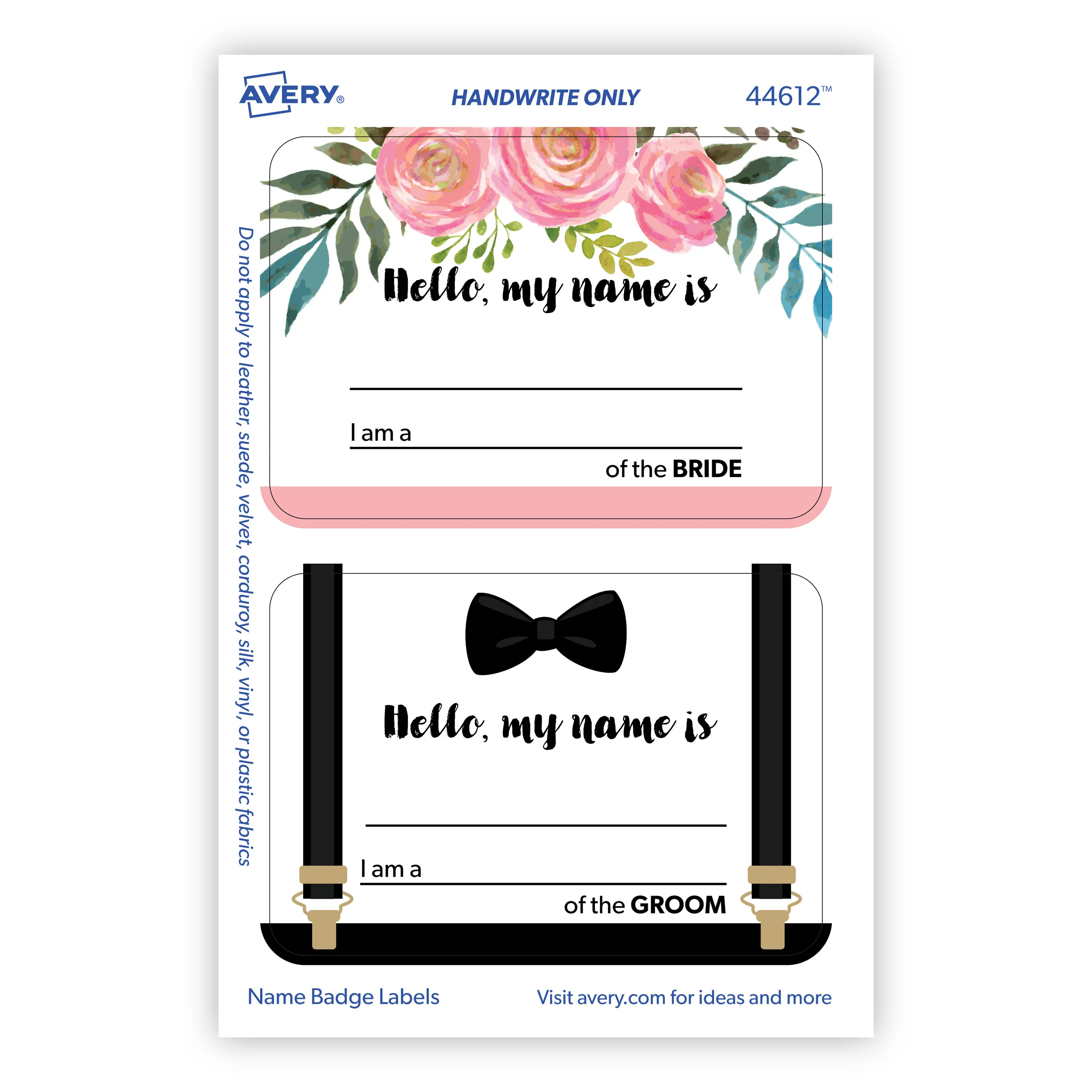Avery Premium Wedding Guest Name Tags - Bride/Groom, No Lift-No Curl, Flexible, 36 Handwriteable Stickers for Bridal Shower, Rehearsal Dinner, Bachelorette Party (Office Identification Badge Supplies)