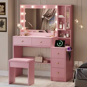TOKSOM Vanity Desk with Mirror and Replaceable Lights Set with 5 Storage Drawers Power Outlet & Chair with RGB Ambient Light Adjustable Brightness for Girls Bedroom Large Corner Desk Vanity Makeup Vanity Desk vanity mirror White