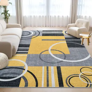 GARVEE Area Rug 5x7 Washable Rugs for Living Room Abstract Circle Rugs Non Slip Low Pile Rug Stain Resistant Carpet for Bedroom Home Decor, Yellow