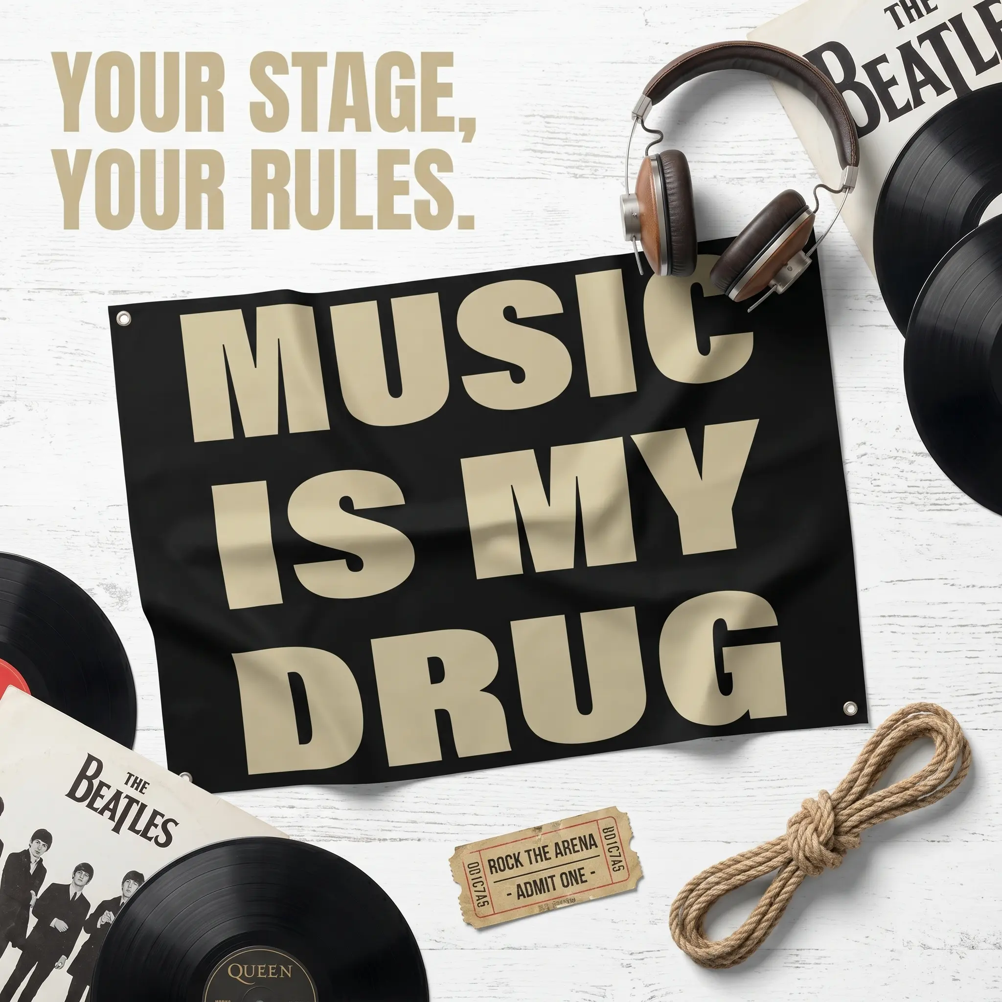 Music Is My Drug Banner Black Gold Letter Wall Hanging Flag Rock Music Lover Bedroom Home Decor 3×5FT Polyester Tapestry