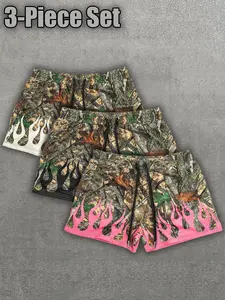 Men's Camouflage Flame Print Shorts 3-Piece Set, American Street Y2K Retro Graphic Shorts, Trendy Loose-Fit Casual Pants, Camouflage Streetwear Shorts