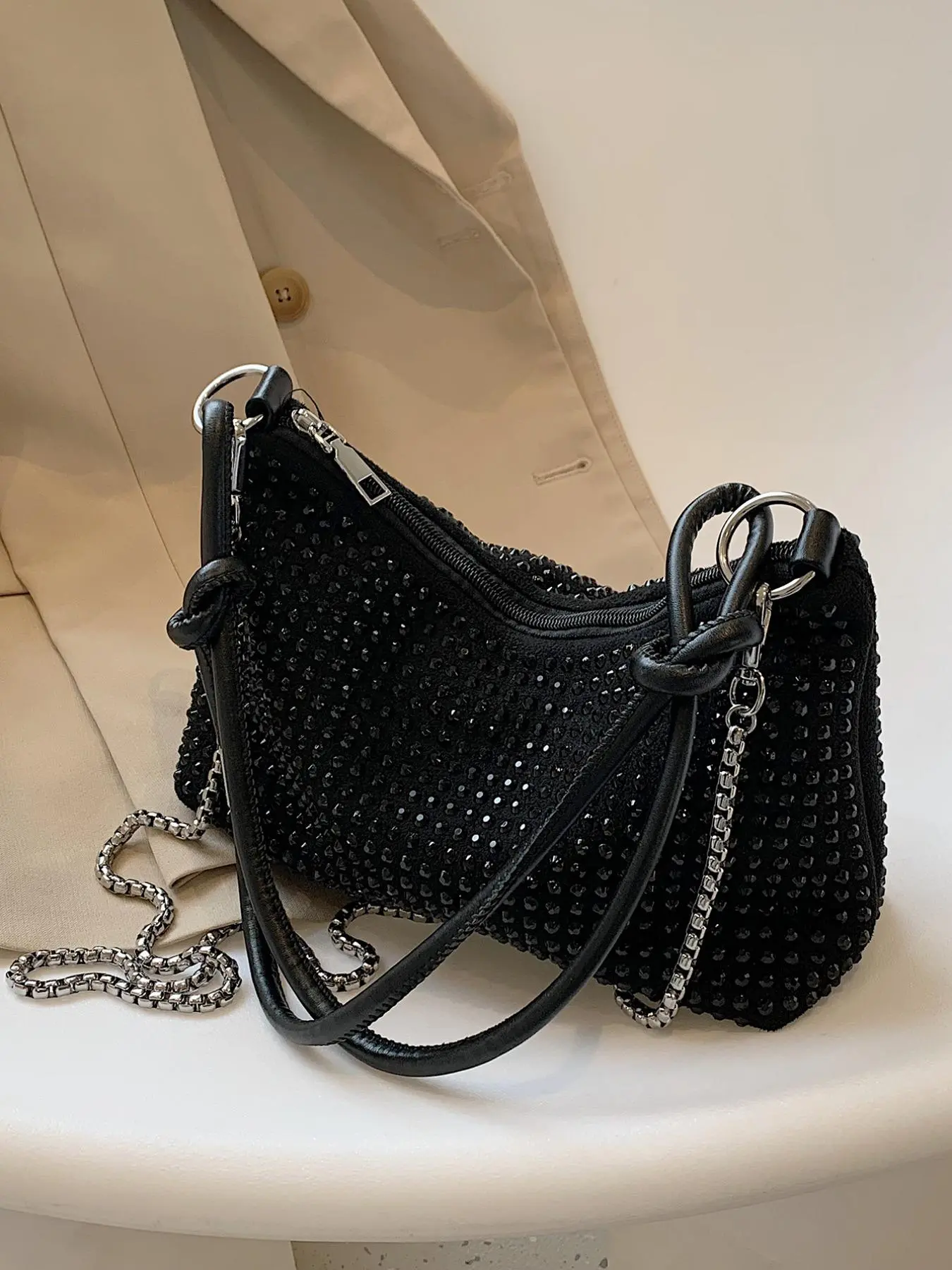 Women's Fashion Rhinestone Decorated Shoulder Bag, Embellished Shoulder Bag, Elegant Plain Suede Stylish Crossbody Bag for Party Wedding, Trendy Matching Underarm Bag for Women, Crossbody Chain Bag, Fashionable Crossbody Bag