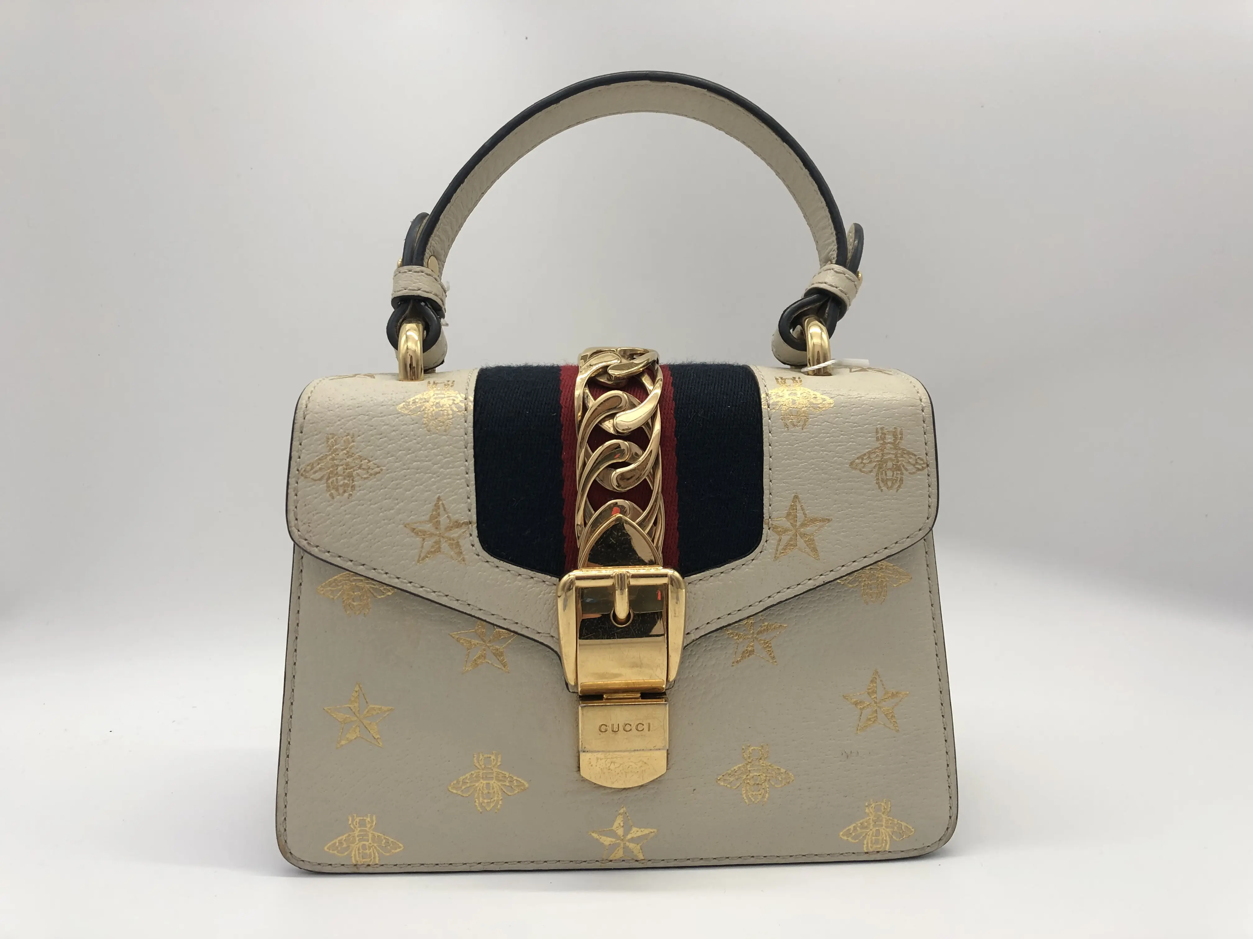 Pre-owned GUCCI Sylvie Mini Off White Leather Top Handle Bag