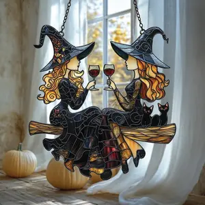 Best Friends Slay Witch Acrylic Window Hanging – Faux Stained Glass Suncatcher With Wine Glasses & Cats, Halloween Witchy Decor Spooky Ornaments