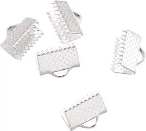200pcs Ribbon Crimp End 10mm (0.4 Inch) Silver Plated Pinch Crimp Clamp Cord End Fastener Clasp for DIY Craft Jewelry Making CF158-10