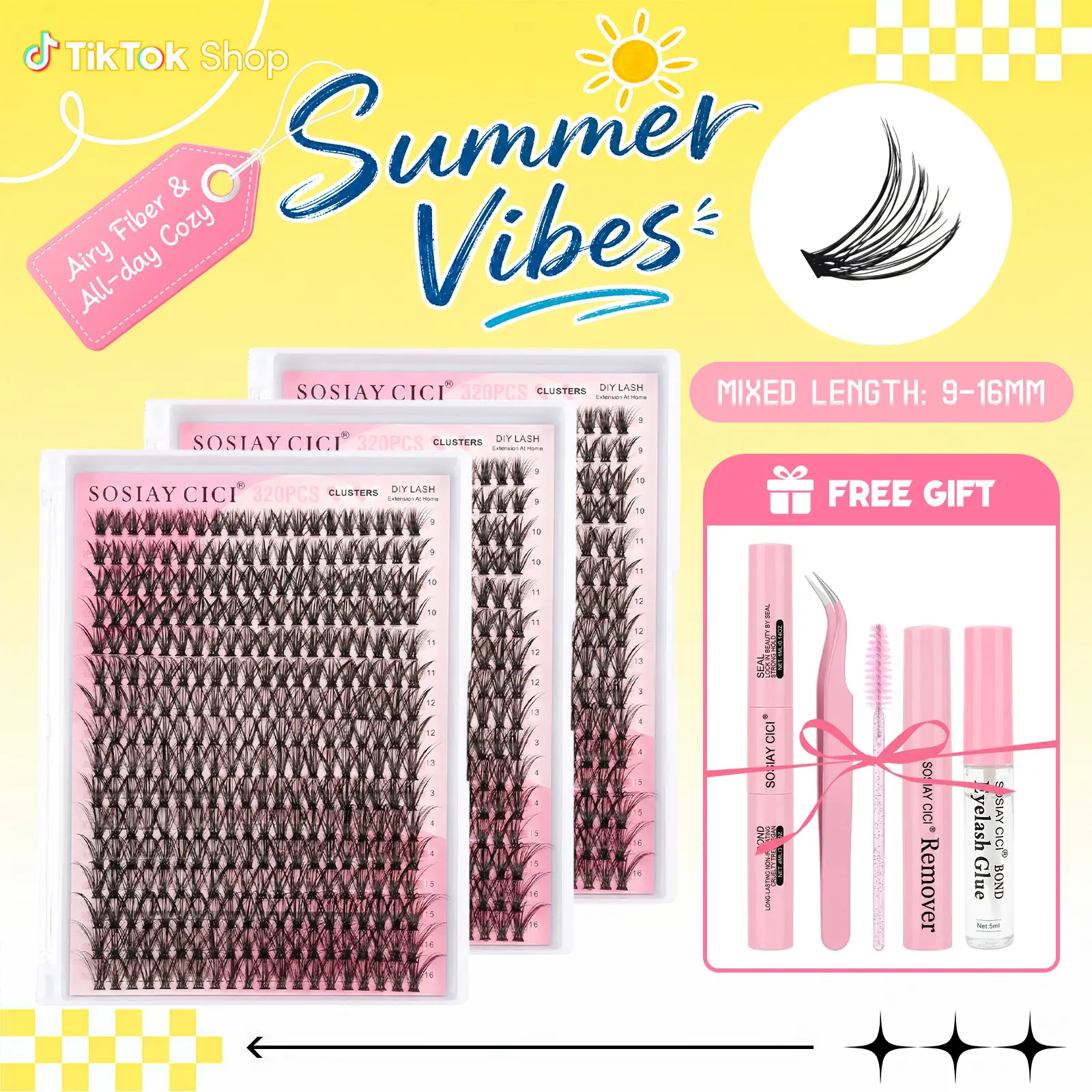 Cluster Lashes 40D Curl Natural Look DIY Individual Eyelash Extensions Lash Clusters with Waterproof Bond&Seal Reomver Tweezers for Begimmers SummerVibe Gift Mixed 9-16mm All-in-One-Kit by SOSIAYCICI