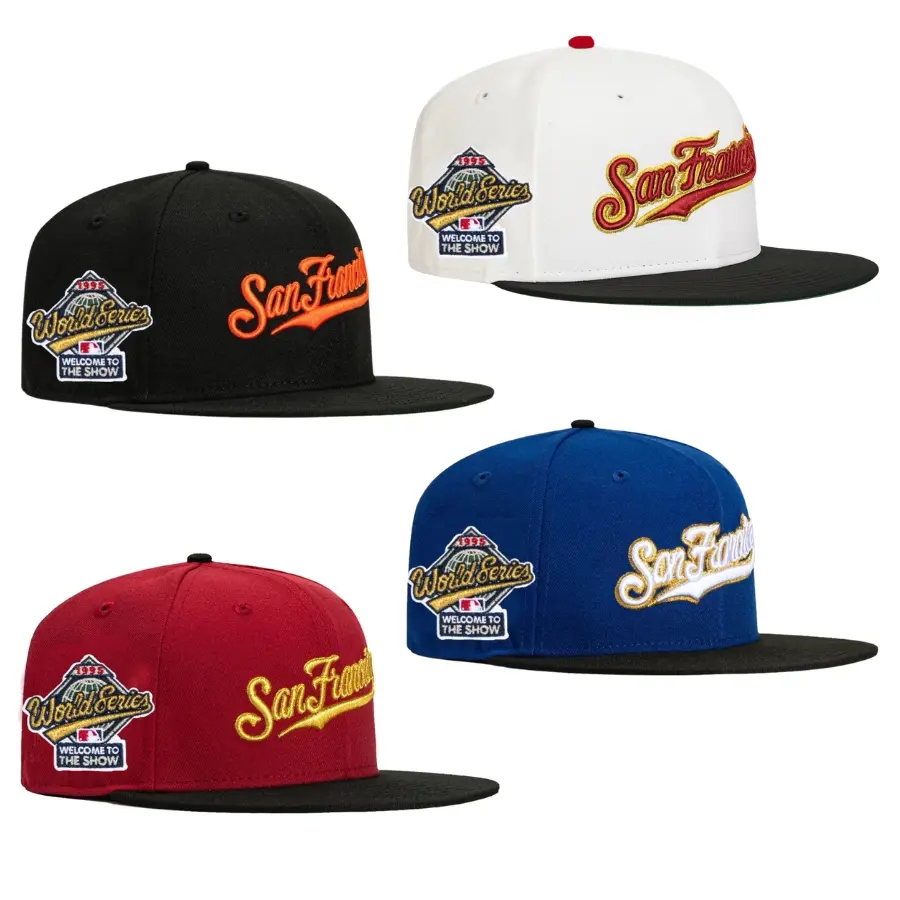 New Era San Francisco Giants Snapback Cap San Francisco Script World Series 1995 Welcome To The Show Side Patch MLB Baseball Hat Adjustable Flat Brim Black White Blue Burgundy Embroidered Streetwear Hip Hop Unisex Limited Edition
