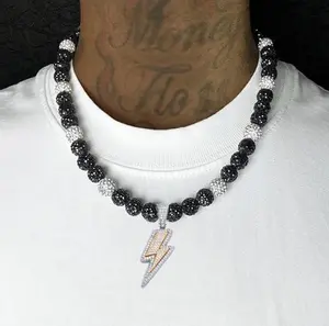 Iced Bling Disco Ball Rhinestone Pollyanna Crystal Bead Baseball Softball Necklace Black, White + Lightning Pendant