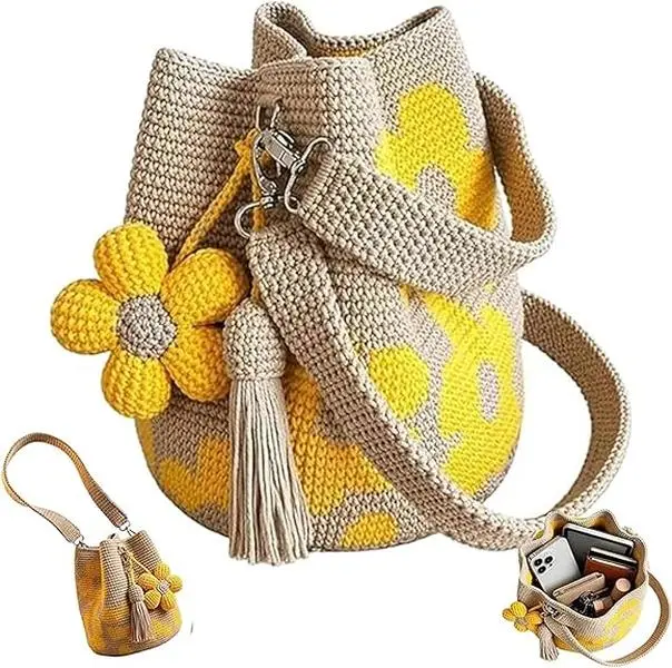 Women's Handmade Crochet Flower Tote - Aesthetic Shoulder Handbag, Bohemian Casual Purse, Textured Knit Open-Top Casual Bag, Beach Crossbody Storage Organizer
