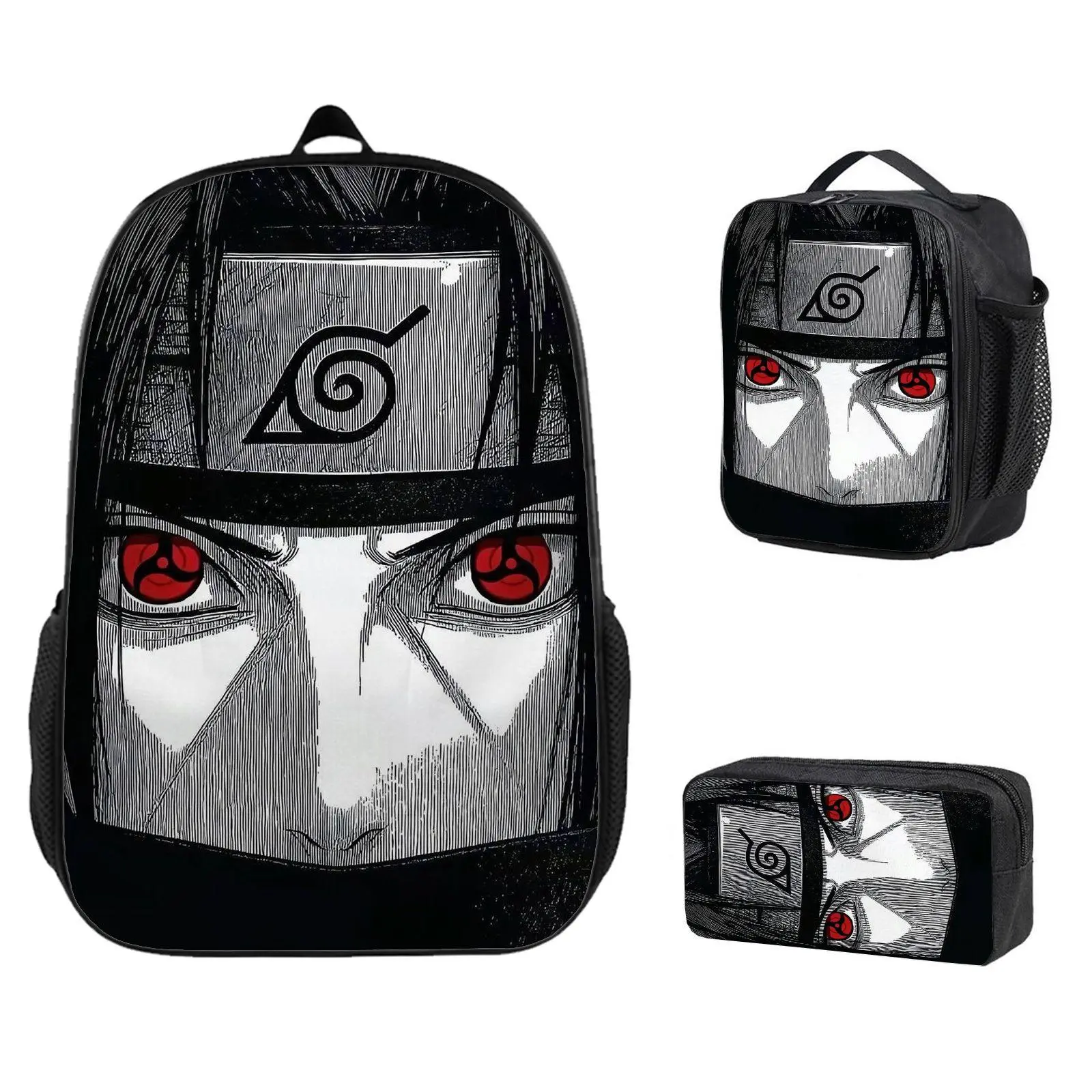 3-Piece Lightweight Casual Backpack Set - Insulated Meal Bag, Pencil Case,Anime Character, Red Eyes, Headband PrintAnime gifts, children will definitely love high-quality backpacks