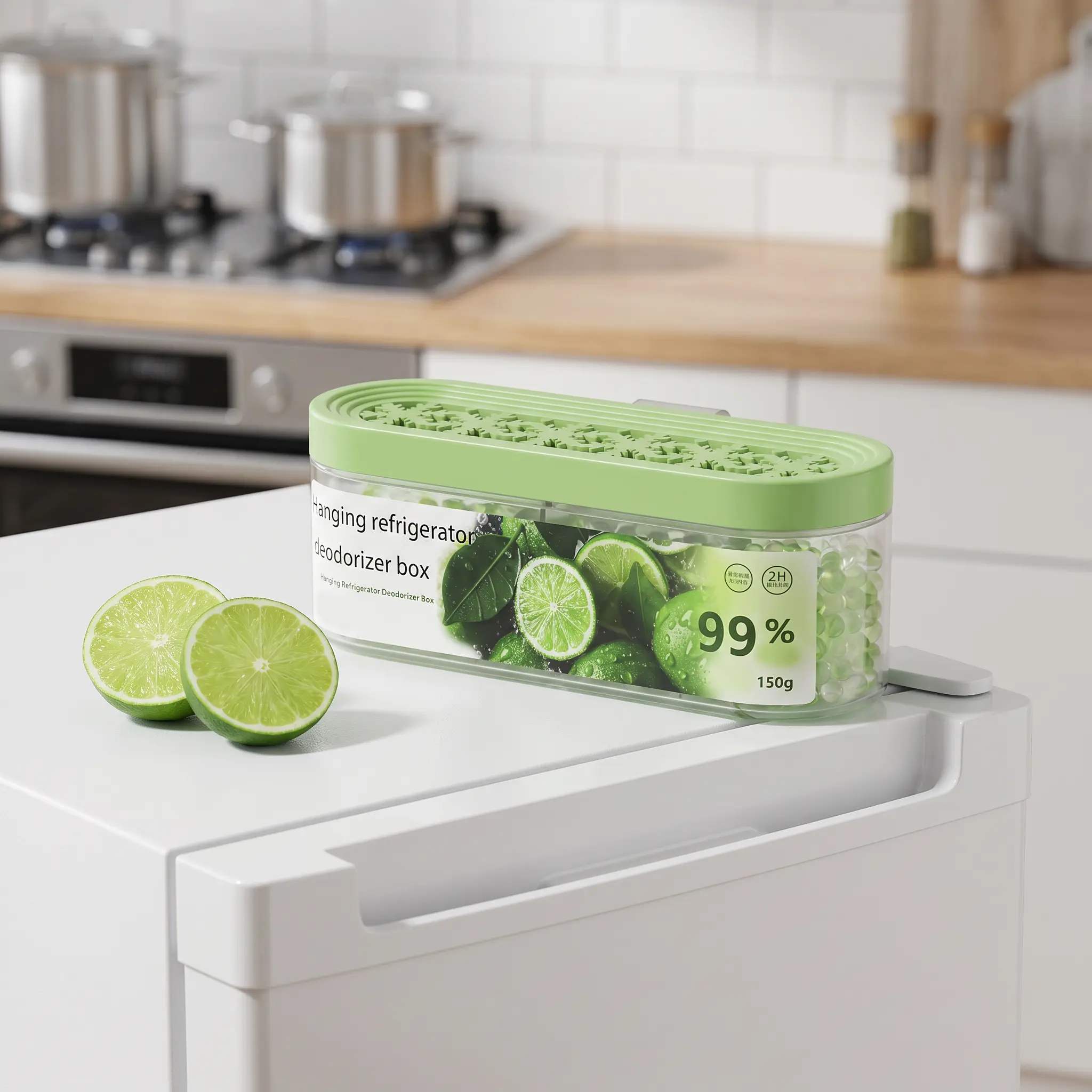 Hanging Refrigerator Deodorizer Box 150g, Natural Fridge Odor Absorber Eliminates Mixed Food Smell, Dual Scent Strawberry & Lime Refrigerator Freshener Container