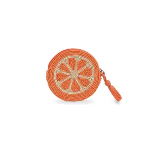 Women's Citrus Slice Beaded Round Clutch Pouch, 5 in x 3.5 inAmerica & Beyond Citrus Slice Beaded Round Pouch – Handcrafted Orange Mini Zip Coin Purse with Tassel, Coastal Card Holder & Travel Pouch, 5" x 3.5"