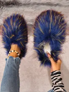 Women's Plush Fur Shoes, Soft Fluffy Footwear, Winter Fashion Indoor Home Slippers, Warm Fleece Anti-Slip Rubber Closed Toe Cotton Slides