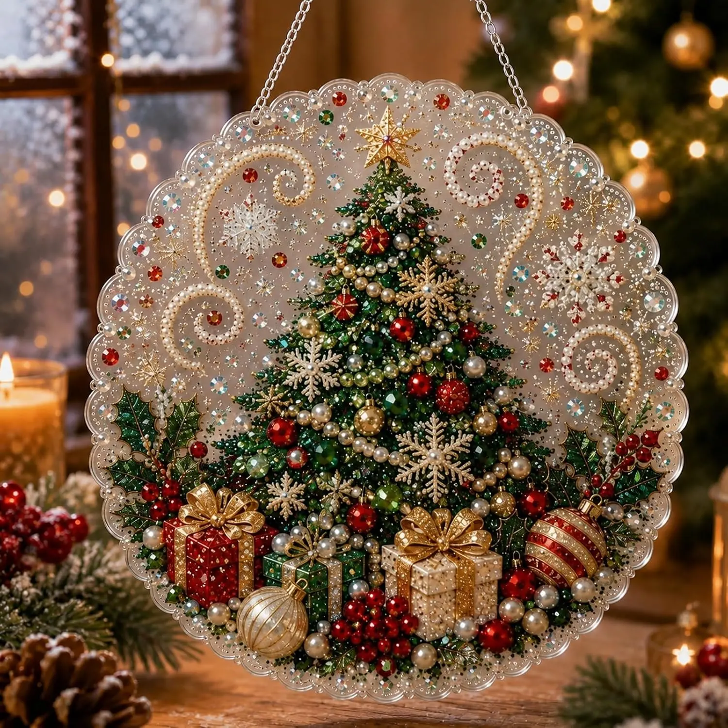 DIY Pearl Diamond Painting Suncatcher Kit - 8in Round Lace Edge Acrylic Panel, Pre-Mounted Metal Chain, 3D Mixed Pearls Craft, Holiday Ornament Gift for Christmas Home Window Wall Decoration