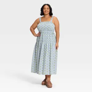 Women's Smocked Maxi A-Line Dress - Universal Thread Blue Floral 4X