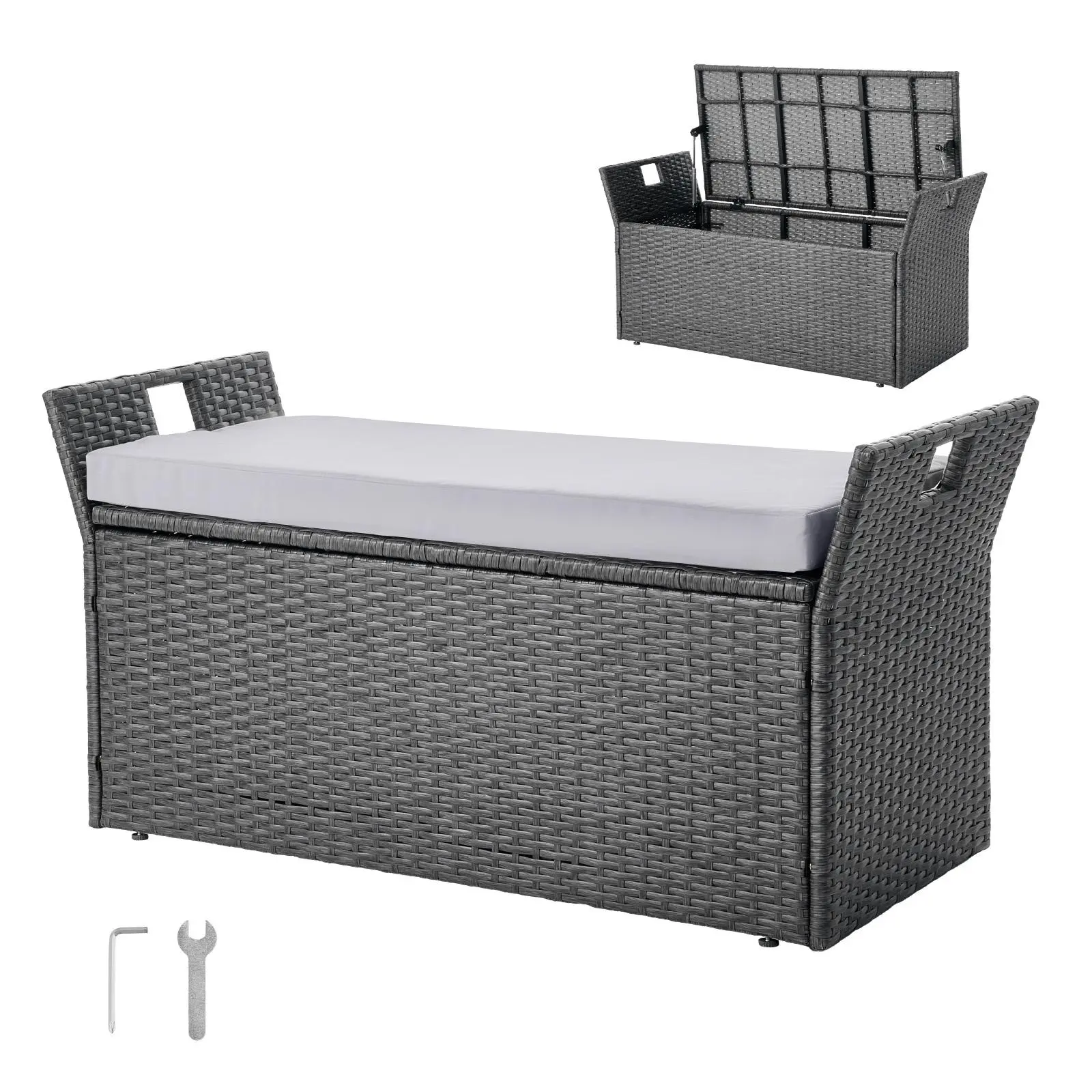 【Summerfinds】VEVOR 2-Seater PE Rattan Outdoor Storage Bench, 40 Gal Enclosed Deck Box with Cushion & Side Handles, 400 lbs Capacity Easy Assembly Outdoor Seating for Patio Garden, 2-Seater Storage Benches, Deck Box Storage Benches