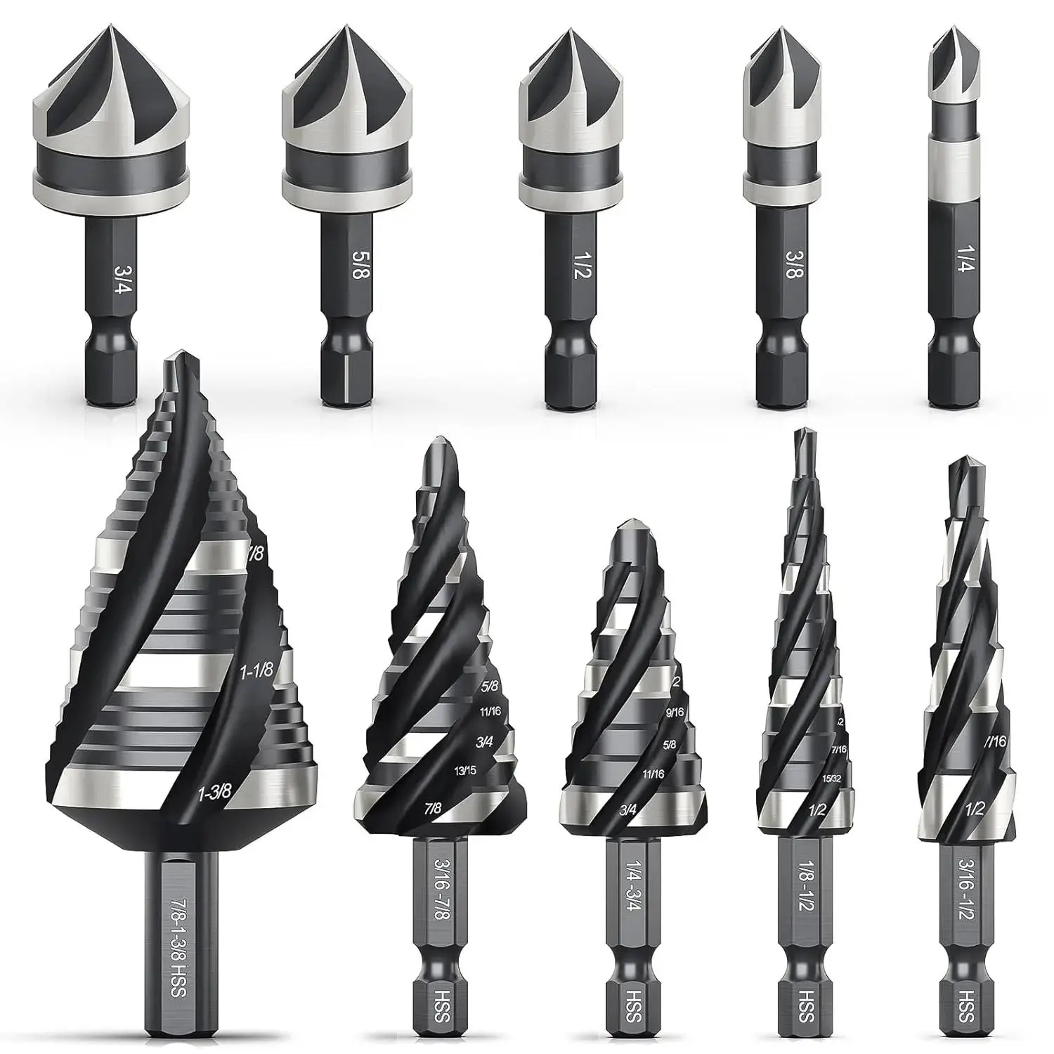 10Pcs HSS Step Drill Bit & Countersink Bit Set, 5Pcs Imperial Spiral Flute Step Drill Bits + 5Pcs 82° Chamfer Countersink Bits, 1/4" Hex Shank Cone Drill for Metal Wood Plastic Aluminum Deburring