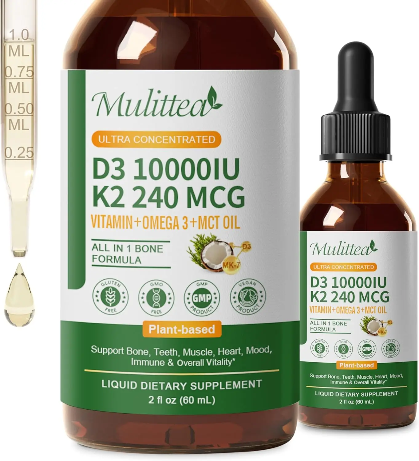 Mulittea  Vitamin D3 K2 Liquid 10000 IU w/ MK7, Omega-3 & MCT Oil | Plant-Based D3, All-Trans K2 MK7 & Vegan Omega-3 for Calcium Absorption, Bone, Muscle & Immune Support - 2 Fl Oz