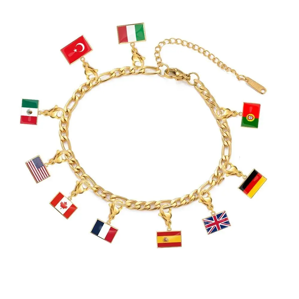 2026 Multi-country enamel Flag Charm Gilded Link bracelet, adjustable and expandable chain International travel global travel bracelet, detachable to clip in the charm jewelry gifts of flags from all over the world for travel enthusiasts