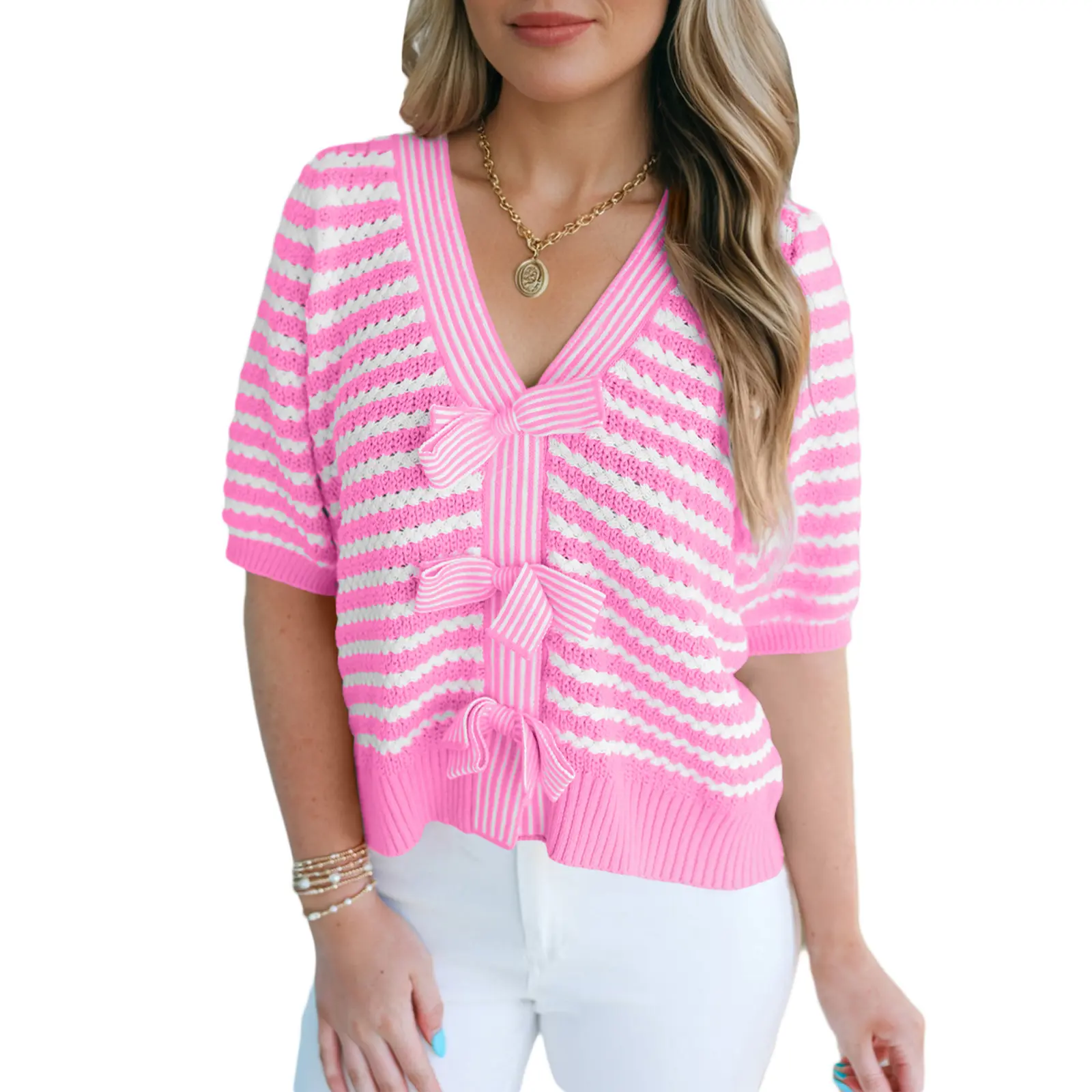 Soft Knit Sweater for Ladies, Classic Striped Print V-Neck Top with Short Sleeves and Feminine Bow Knot
