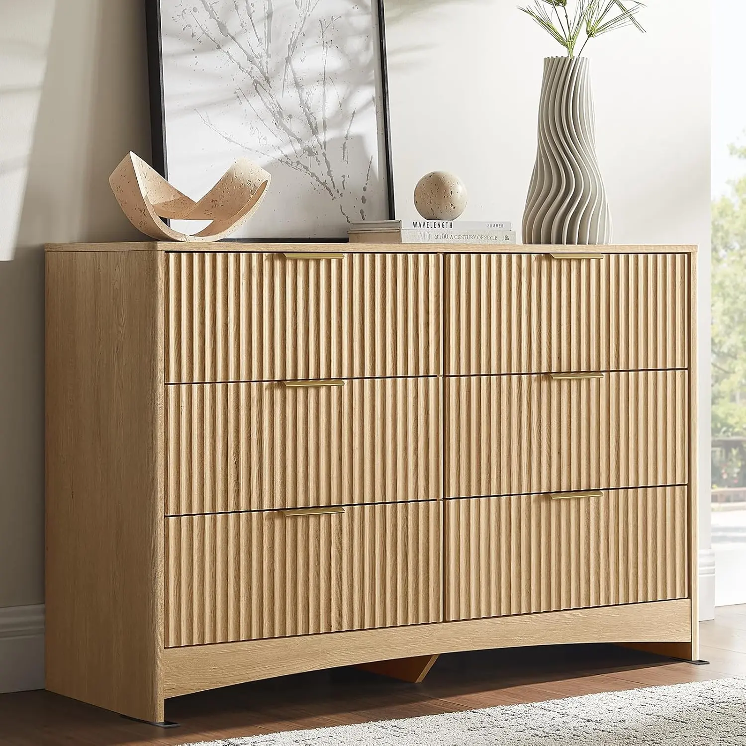 Amada Fluted 5-6 Drawer Dresser, Modern Wood Chest of Drawers with Rounded Corners, Pre-Installed Drawer Slides, Dresser TV Stand and Storage Organizer for Bedroom, Nursery, Natural Oak