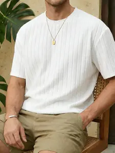 Unisex Ribbed Knit T-Shirt, Soft Textured Design, Minimalist Casual Style, Loose Fit, Versatile Solid Color, Summer Leisure Wear