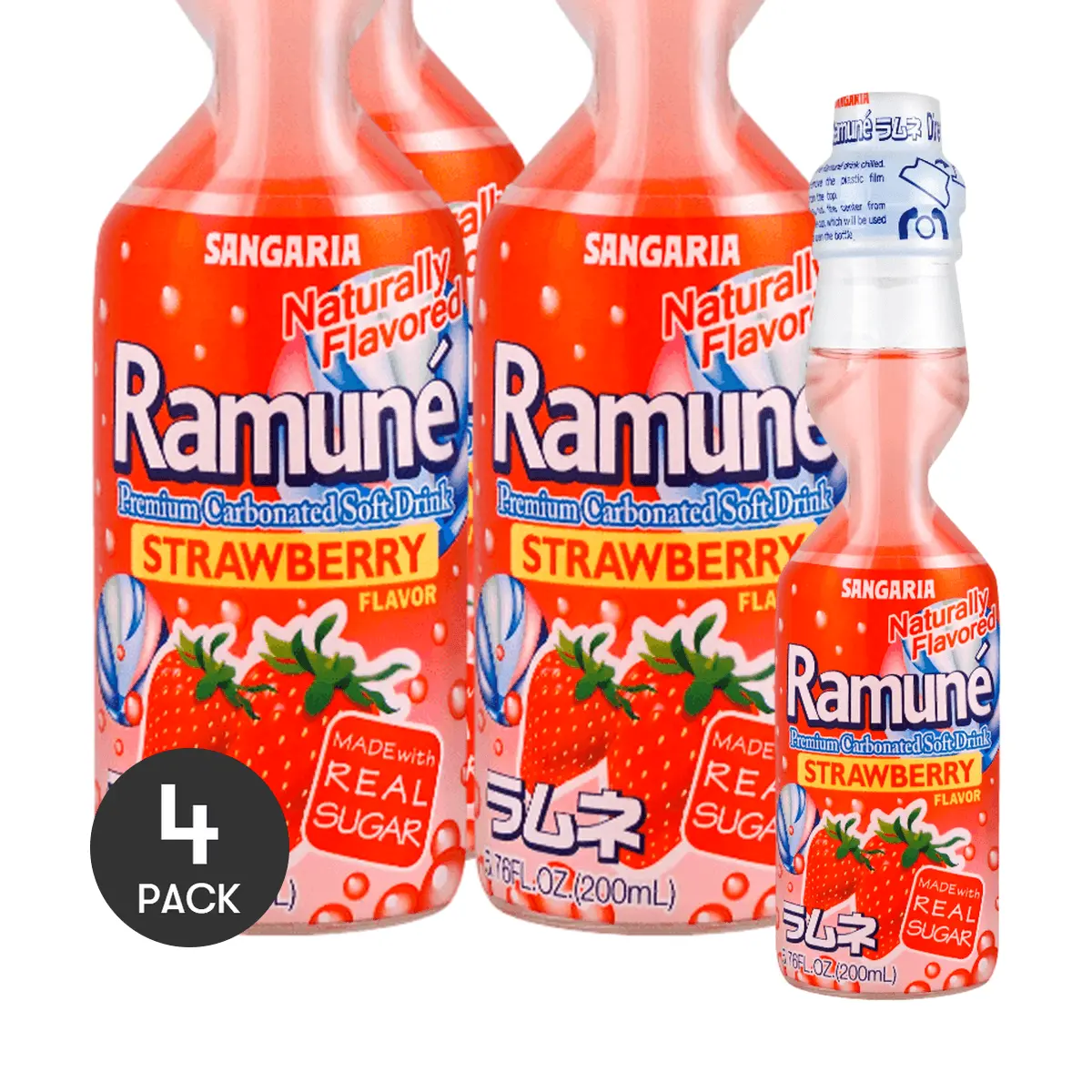 SANGARIA Japanese Strawberry Flavored Bubble Soda - 4 Pack, 200ml Each | Refreshing & Fun Drink