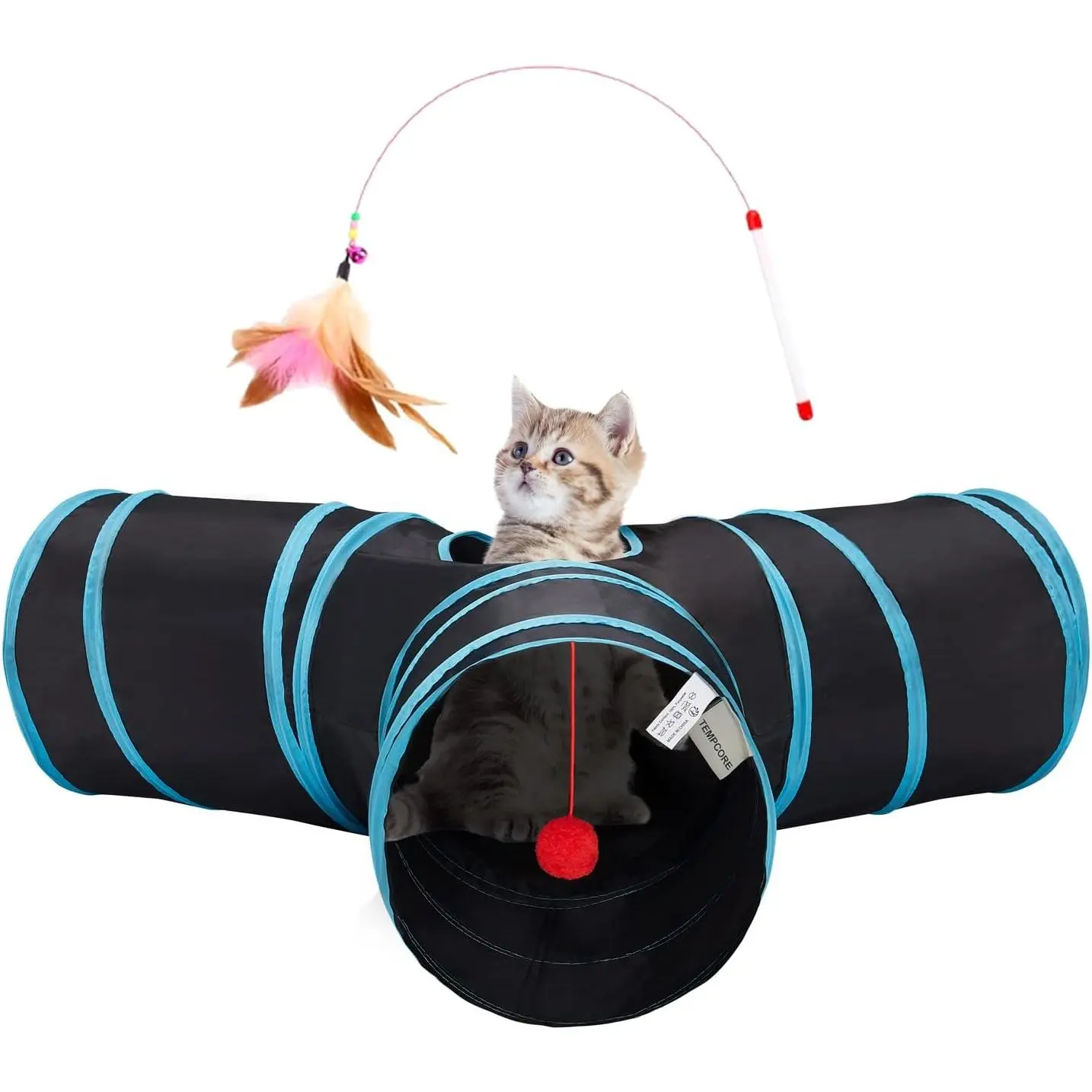 Tempcore Pet Cat Tunnel Tube Toys 3 Way Collapsible, Tunnels for Indoor Cats,Kitty Bored Peek Hole Toy Ball Cat, Puppy, Kitty, Kitten, Rabbit