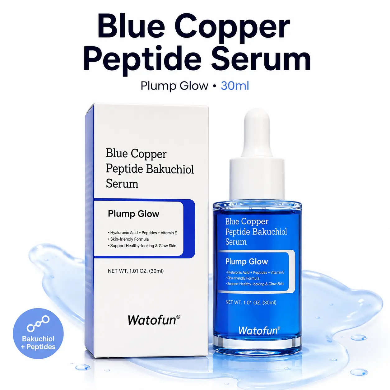 [NEW] Watofun Blue Copper Peptide Bakuchiol Face Serum with GHK-Cu, Hyaluronic Acid & Multi-Peptides, Lightweight Hydrating Plumping & Firming, 1.01 Fl Oz