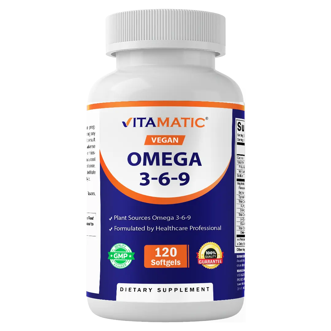 Vitamatic Vegan Omega 3-6-9 Complex 1250mg | Flaxseed, Olive, Borage & Algae Oils | Plant-Based Omegas | 120 Softgels Healthcare Dietary Supplement Fitness Joints