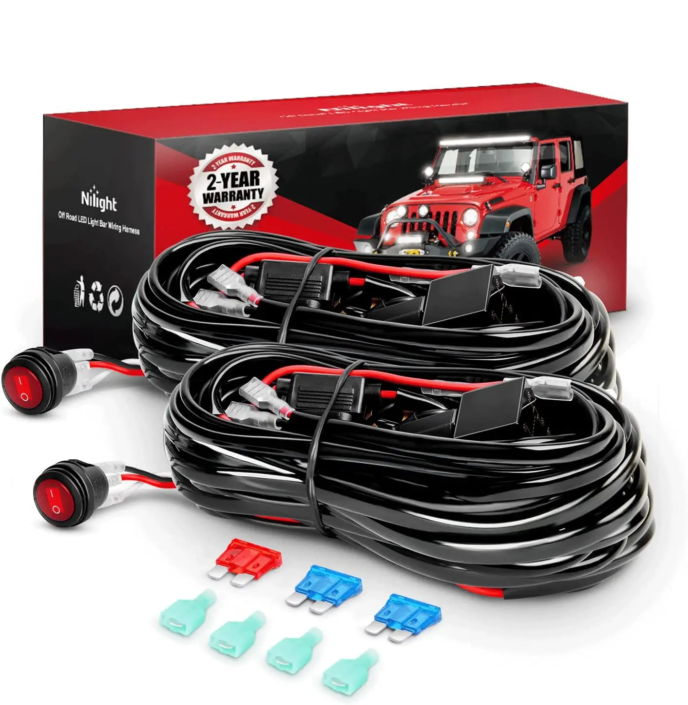 Nilight 2PCS 16AWG LED Lightbar Wiring Harness Kit - 2-Lead, 12V Compatible, On-Off Switch, Power Relay, Blade Fuse for Off-Road Lights, Driving Lights, Led Car Lights