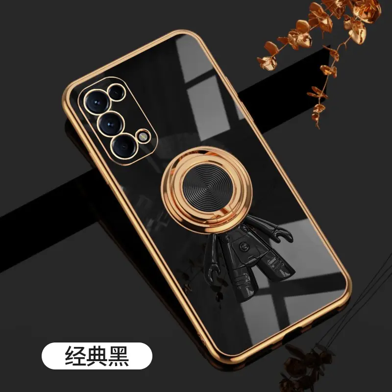 For OPPO Reno5 6D Astronaut Electroplated Ring Stand Phone Case HNTKR-0170
