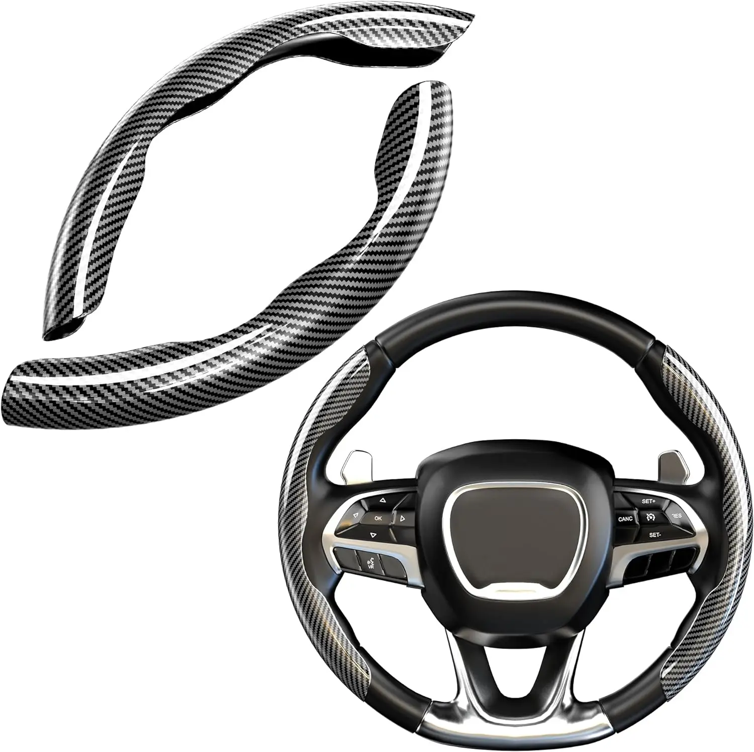 CROSSDESIGN Carbon Fiber Anti-Slip Steering Wheel Cover (2PCS, 37-38cm, Black) - Waterproof Automotive Accessory, Easy Installation, Comfortable Grip Protector for Cars, Trucks, Accessories for Car, Car Accessories