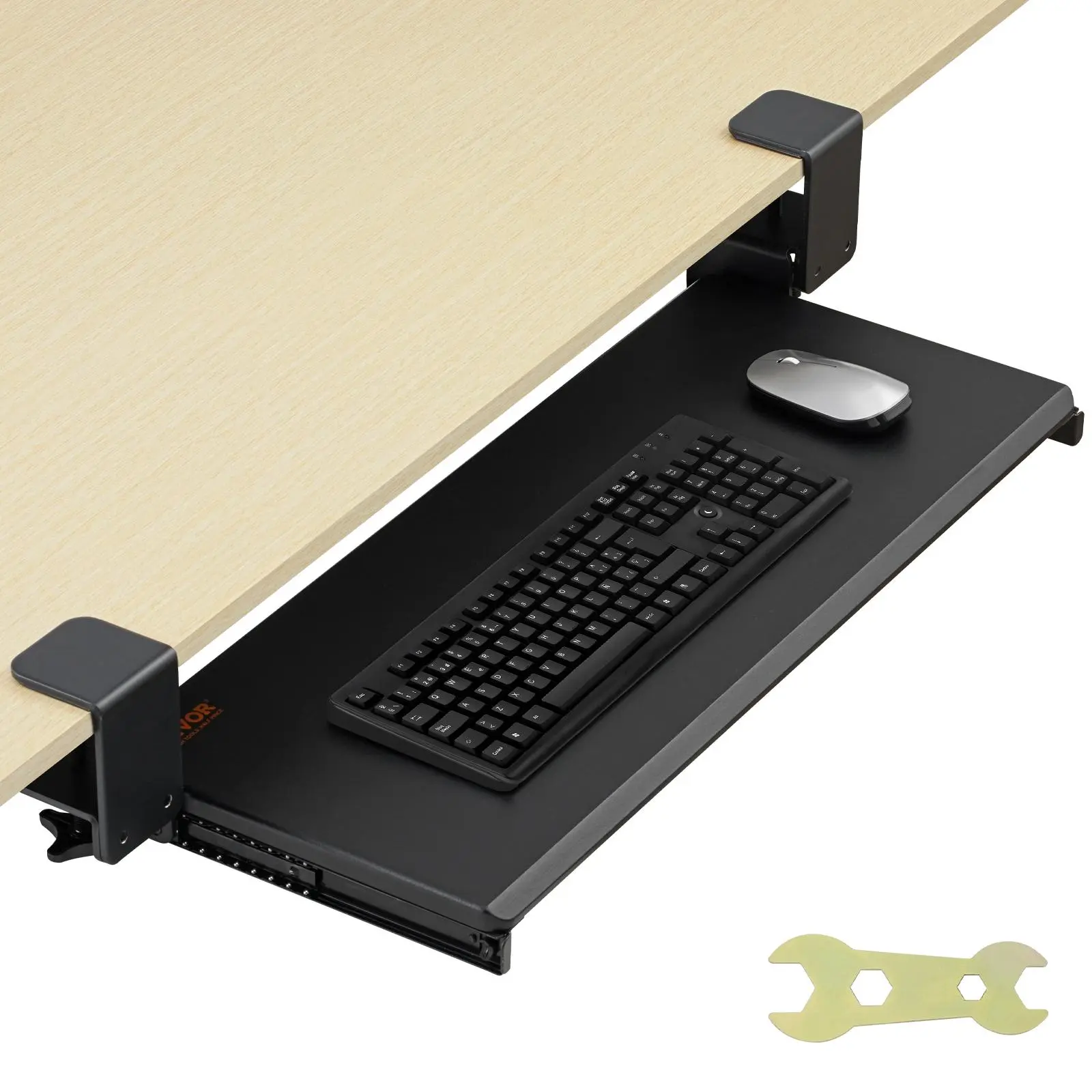VEVOR Clamp-On Carbon Steel Keyboard Tray Under Desk, MDF Sliding No-Drill C-Clamp Mount Tray, 26.8x11in Durable Slide-Out Drawer for Typing, Mice Use in Home Office, 11 Inches
