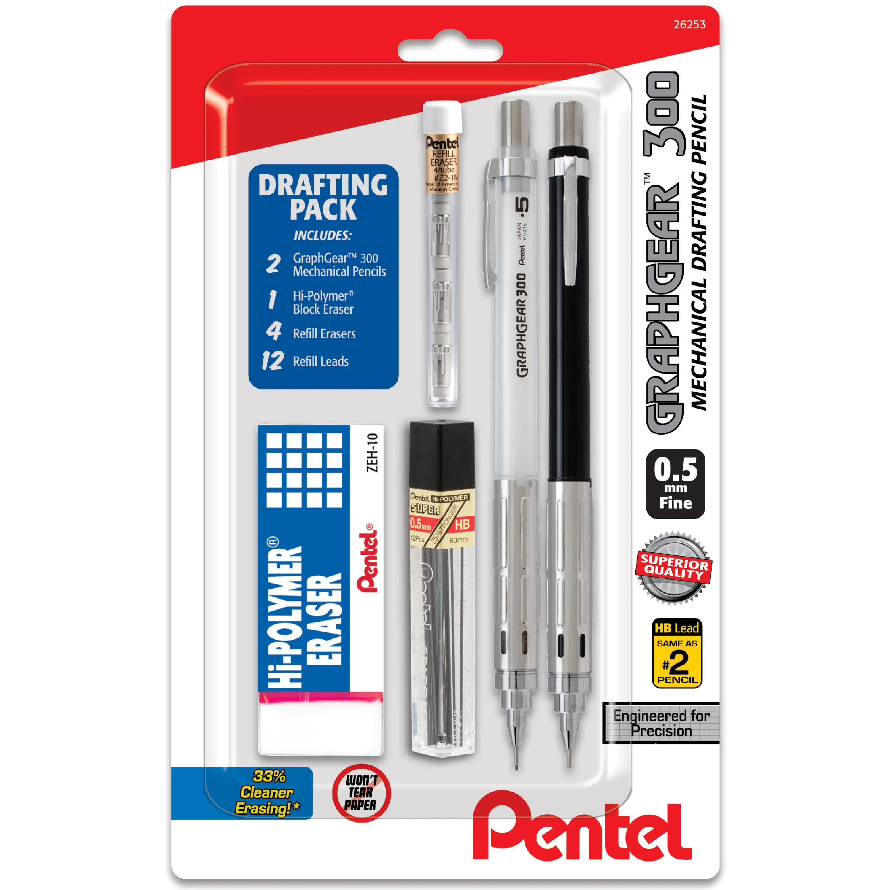Pentel GraphGear 300 Mechanical Pencil , 0.5mm, HB Lead, 2 Count with Eraser and Refills
