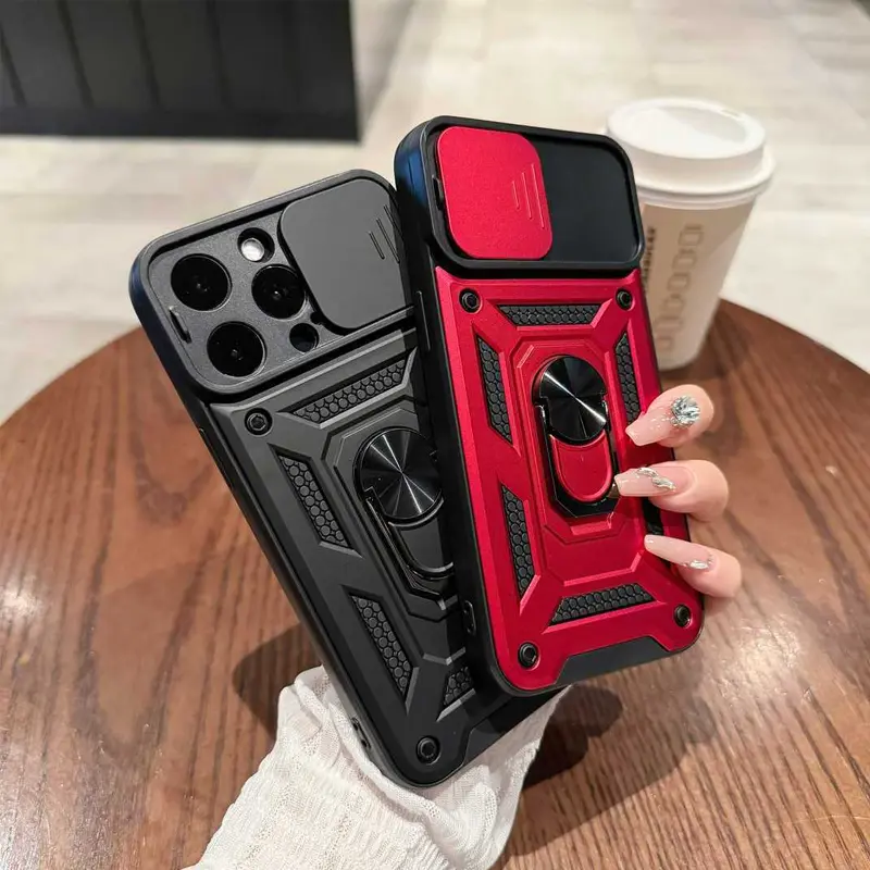 Military Grade Shockproof Phone Case for iPhone 17/16/15/14/13/12/11 Pro Max Plus Air, Privacy Sliding Camera Lid & Built-in Rotatable Metal Ring Kickstand
