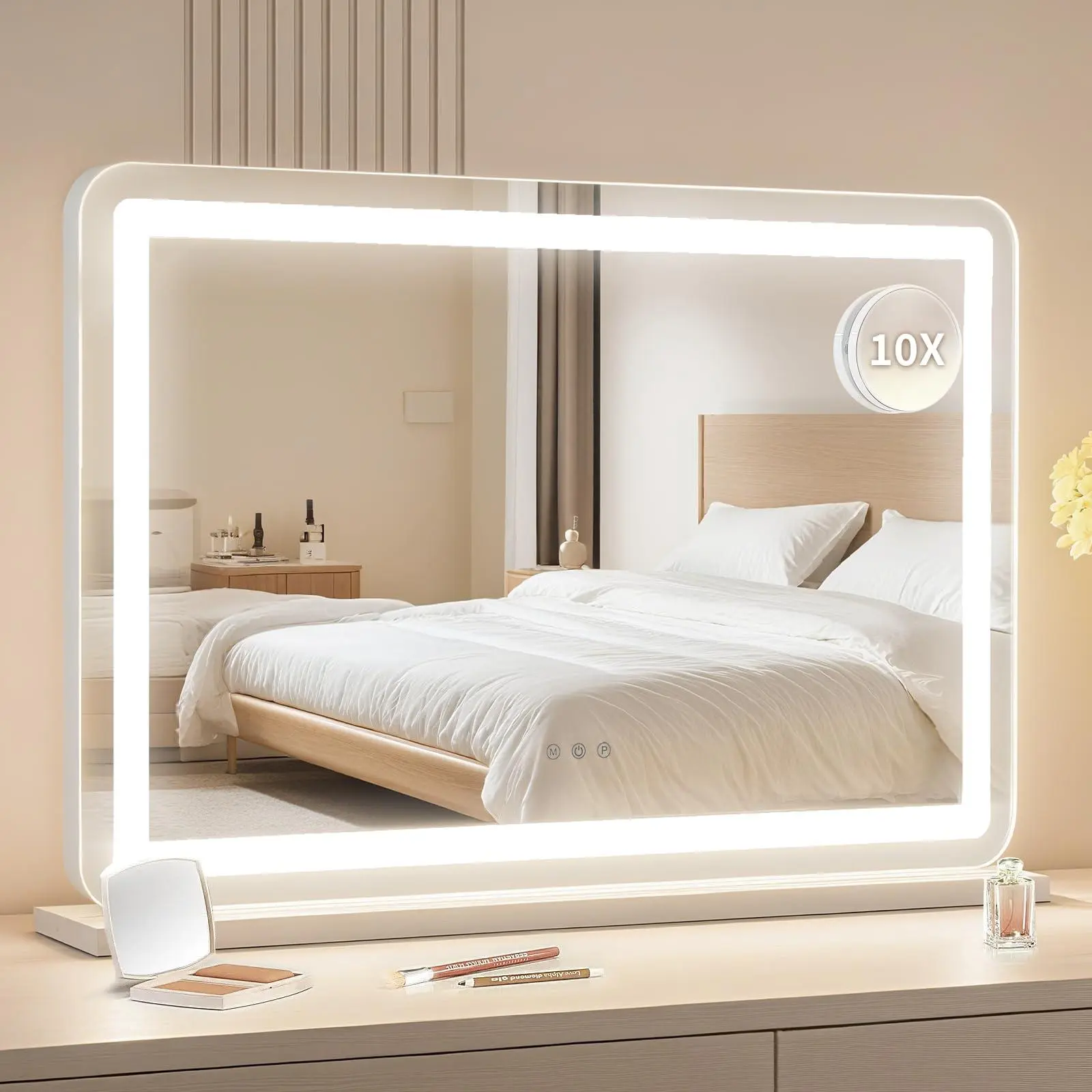 Gaomon 32in x 22in LED Dimmable Adjustable Lighted Vanity Mirror - 2-in-1 Tabletop & Wall-Mounted, 3 Color Lighting Modes, 10X Magnification, Smart Touch Switch, Modern Makeup Product for Bedroom Decor, Adjustable Lighted Mirror, Led Dimmable Mirror