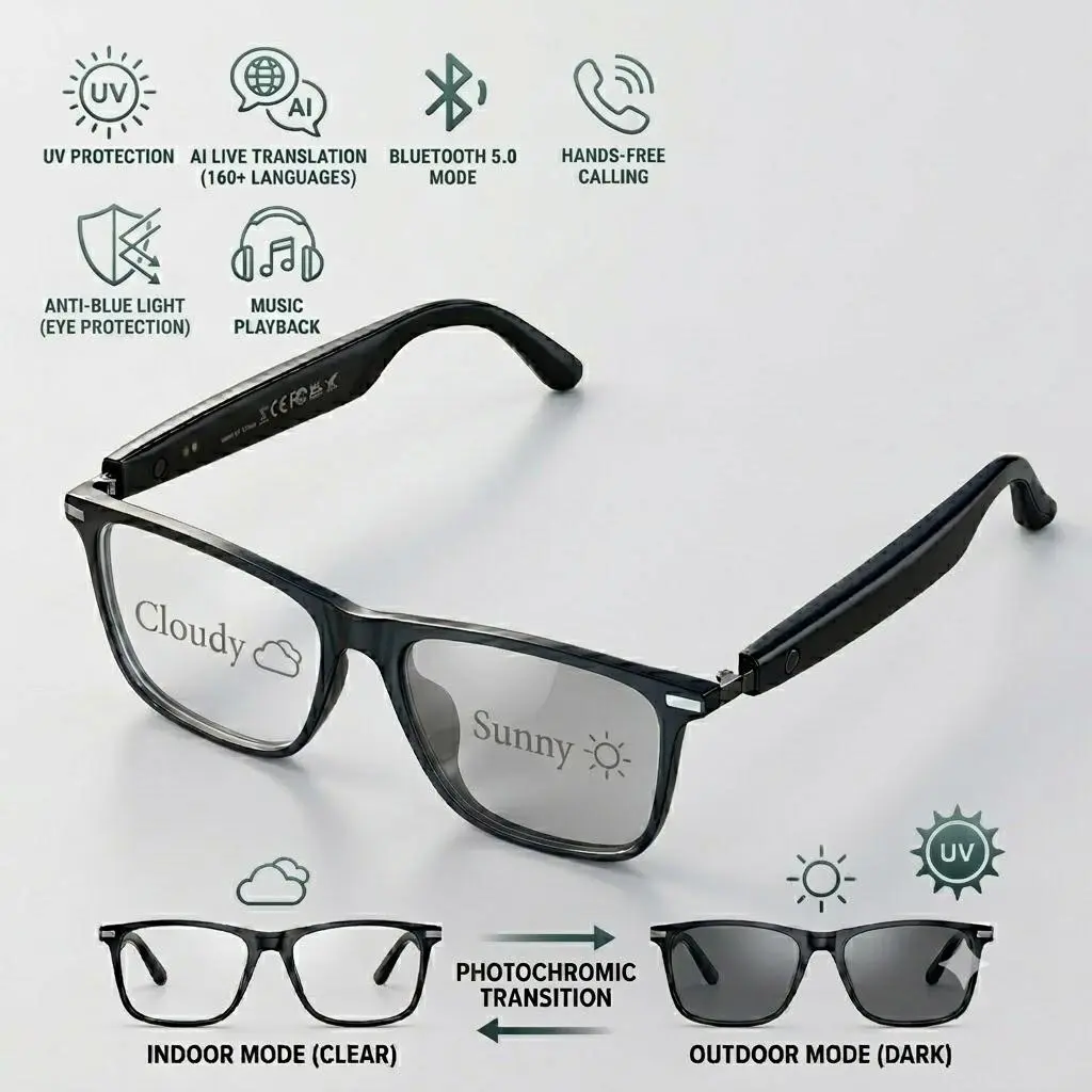 Unisex Adults Smart Glasses, Multi-Sport Wearable Smart Device with ChatGPT, Voice Control, Bluetooth, 165-Language Translation, Color-Change Lenses, Meeting Analysis, Music Playback, Hands-Free Calls, UV & Blue Light Protection