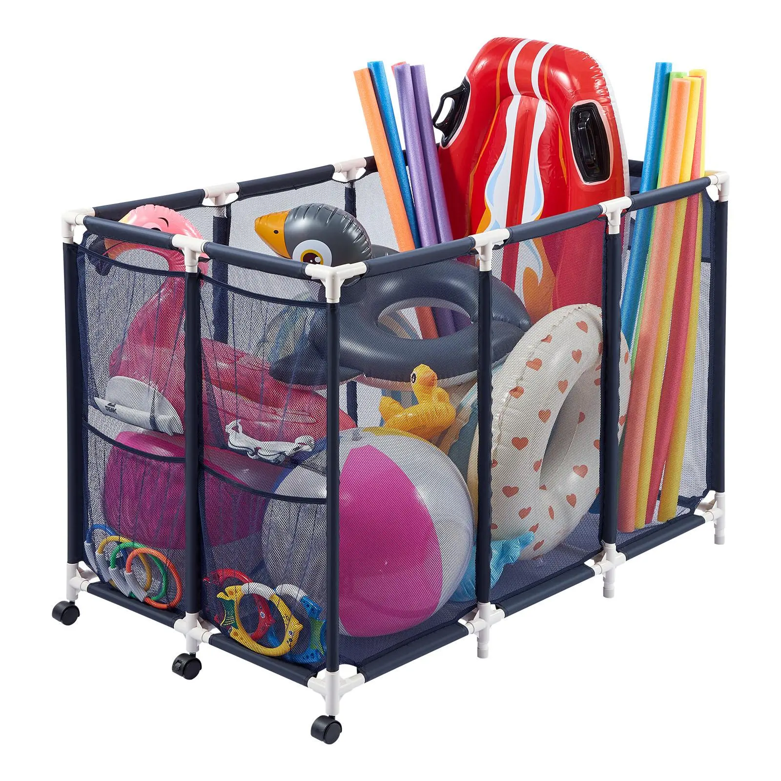 【Summerfinds】VEVOR Pool Storage Bin,47.2 x 30.2 x 34 inRolling Pool Float Storage Organizer with Side Pockets & CastersHeavy Duty Plastic FramePoolside Toys Noodles Holder Mesh Basket for Swimming Pools