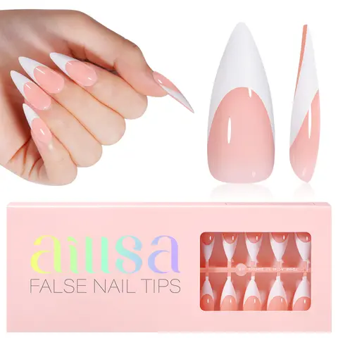 Aillsa Long Stiletto French Tip Press-on Nails Set - 180pcs Full Cover Soft Gel Tips, 15 Sizes, Reusable, Acrylic Nails Extension, Nailcare, Gel Extension for Beauty Kits