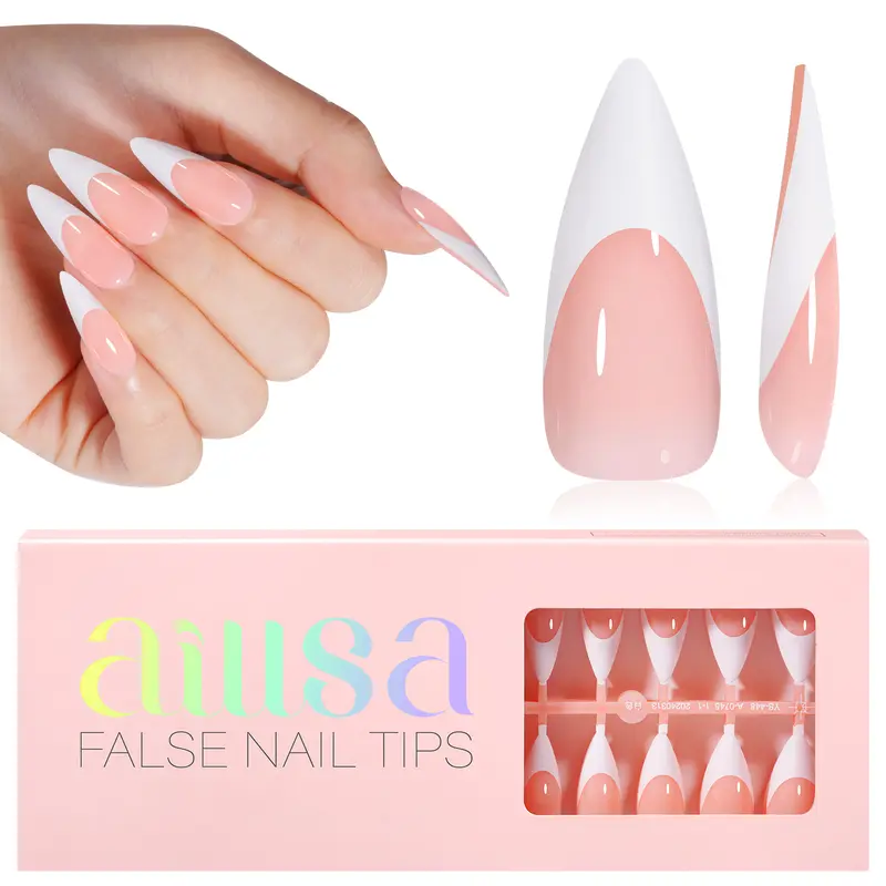Aillsa Long Stiletto French Tip Press-on Nails Set - 180pcs Full Cover Soft Gel Tips, 15 Sizes, Reusable, Acrylic Nails Extension, Nailcare, Gel Extension for Beauty Kits
