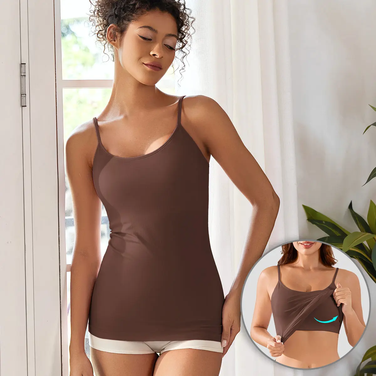V FOR CITY Lady's Built-in Bra Camisole Top - Adjustable Spaghetti Straps, Seamless Padded, Comfortable Fabric, Sewn Undershirt for Women, Stretchy