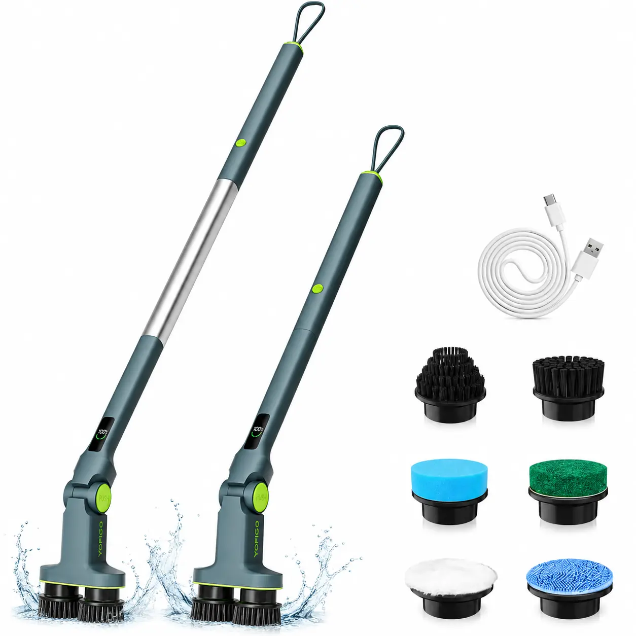 Electric Spin Scrubber Cordless Dual-Brush, IPX7 Waterproof Bathroom Power Scrubber Removalbe Extendable Handle with Digital Display, 2 Speeds, 6 Brush Heads for Bathroom, Tub, Tile, Shower, and Car