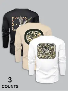 Men's 3-Pack Long Sleeve T-Shirts, Prints, Casual Daily Wear, Comfortable Fashion Versatile Clothing Essential, Spring & Fall