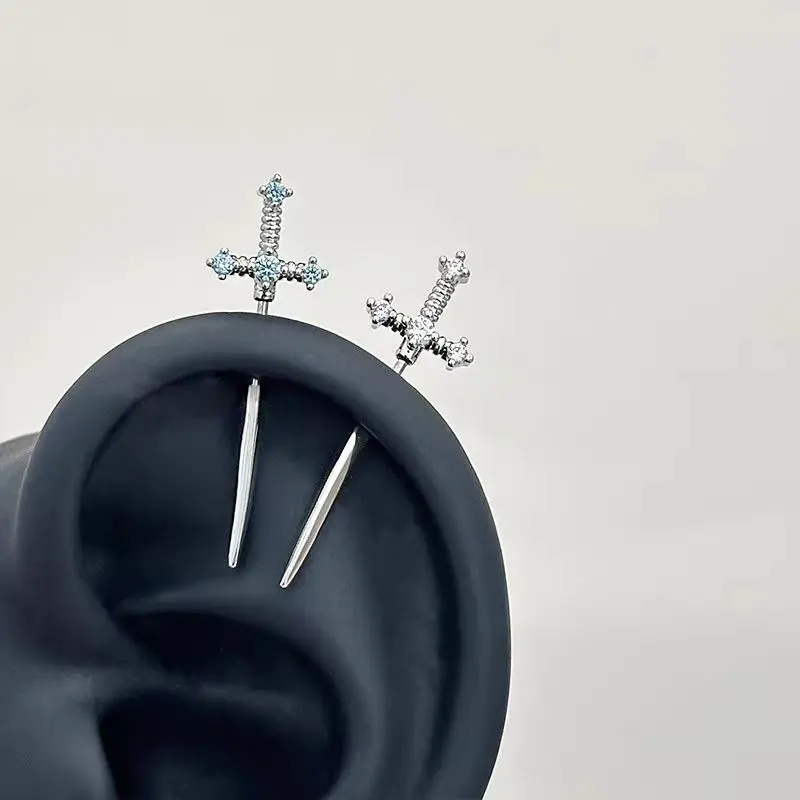 Super cool shackled sword demon ear stud, medical titanium steel ear bone stud, vertical ear stud for women with a niche design