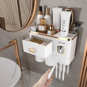 Ihave 2/4 Bathroom Toothbrush Holder, Wall Mounted 2/3/4 Cup Toothbrush Rack with Toothpaste Dispenser, Large Capacity Tray, Cosmetic Drawer, Toothbrush Storage