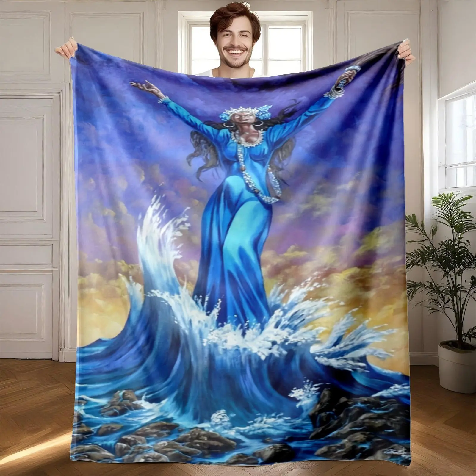 1 Piece Sea Goddess Yemaya Themed Flannel Throw Blanket - 100% Polyester, Multi-Size, Digital Print, Fluffy All-Season Art Graphic Bed Warmer Blanket, Super Soft, Modern for Sofas, Beds, Machine Washable Indoor Textile, Fluffy Blankets, All Season Blanket