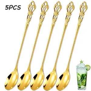 Set of 5 Vintage Palace-Style Iced Tea Spoons, Elegant Baroque Long-Handled Stirring Spoons, 17.5cm Stainless Steel Cocktail Spoons