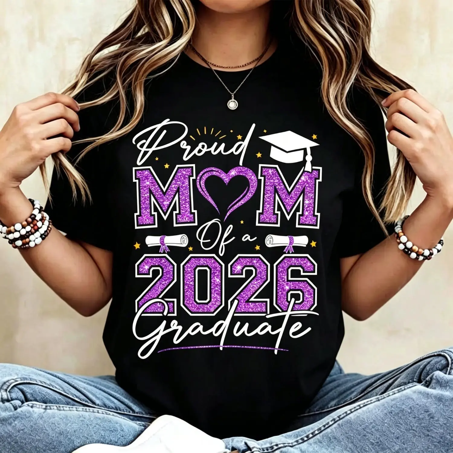 Proud Mother of 2026 Graduate Cotton T-Shirt Black Suitable for Graduation Gift Featuring Blue Cap and Diplomas Design Comfortable Casual Crew Neck Wear for Family Celebrations and Academic Honors funny men